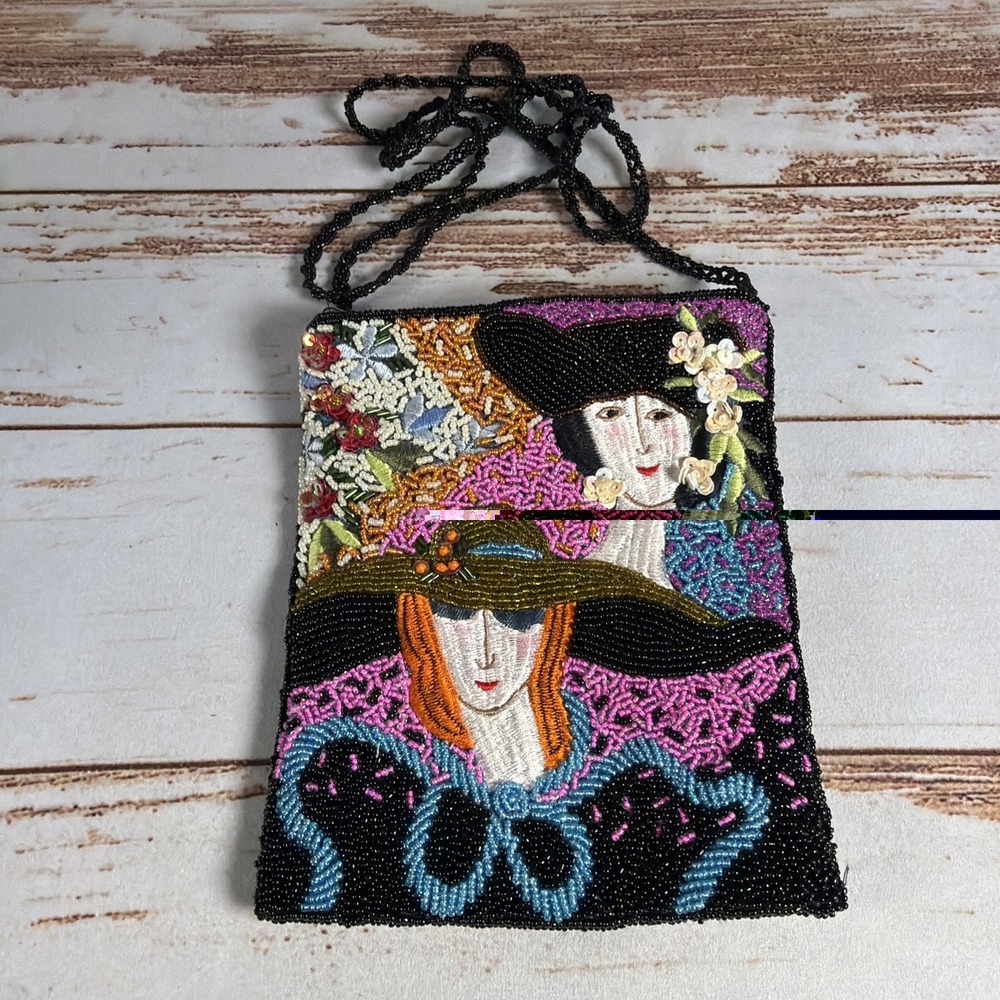 Vintage Micro Seed Bead Crossbody Purse Art Deco Flapper Ladies Floral Evening